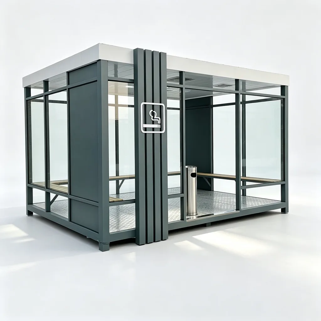 3500mm Semi-Open Outdoor Smoking Cabin with Dark Green Steel Frame and Wooden Bench Seating