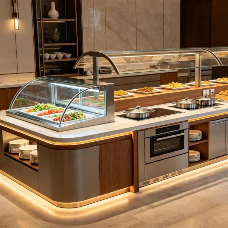 Cafeteria Counter | Restaurant Serving Stations For Sale – U-Shaped Marble Commercial Food Service Serving Counter With Light