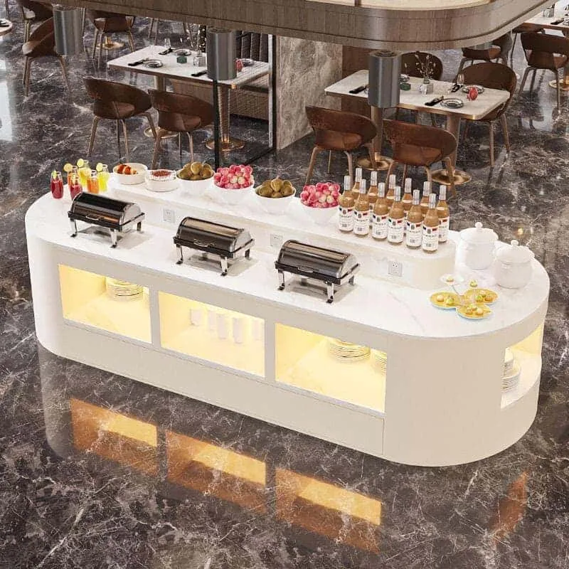 Cafeteria Counter | Restaurant Serving Stations For Sale – U-Shaped Marble Commercial Food Service Serving Counter With Light