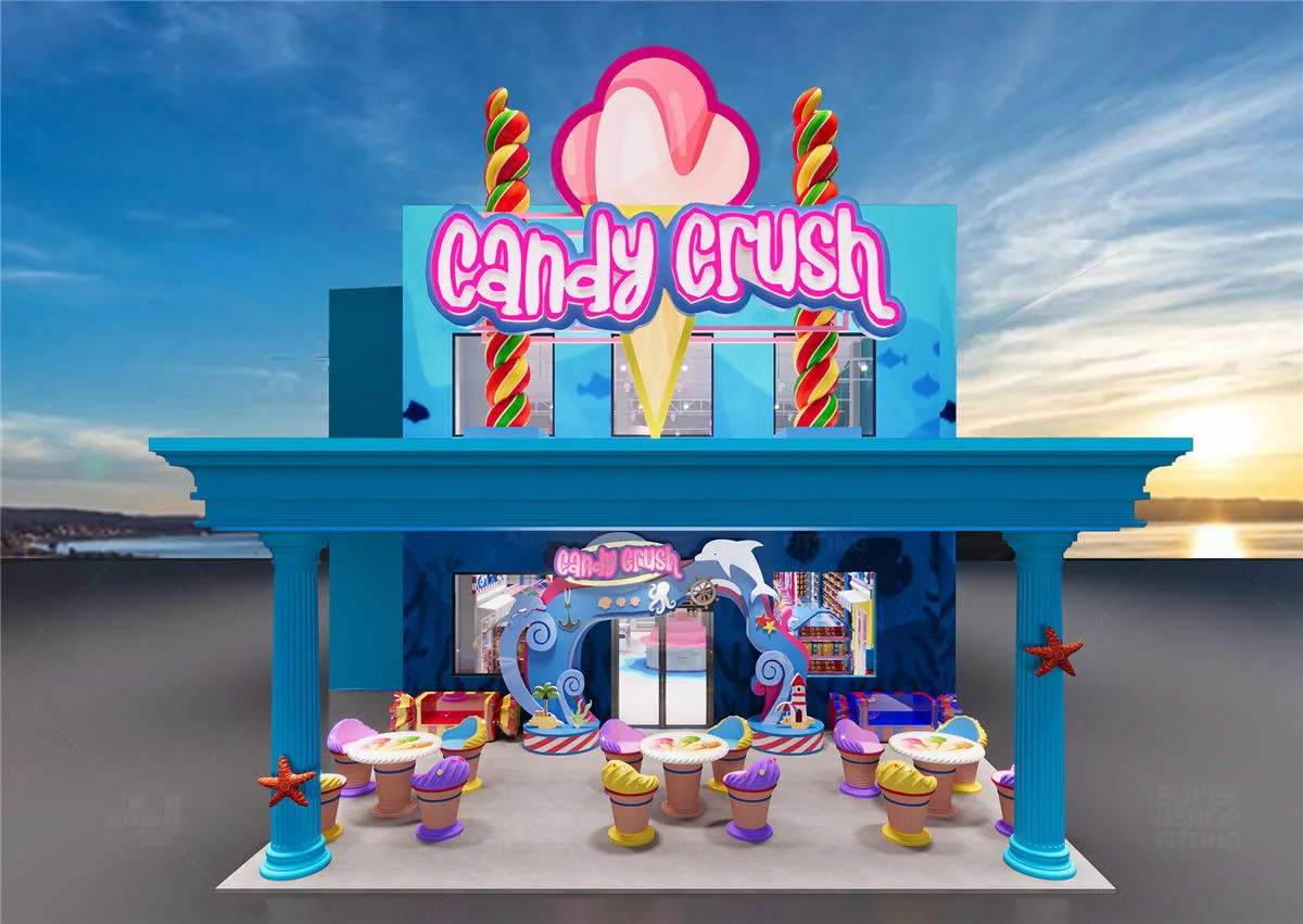Blue fantasy candy store design ocean element candy display stand display props for sale