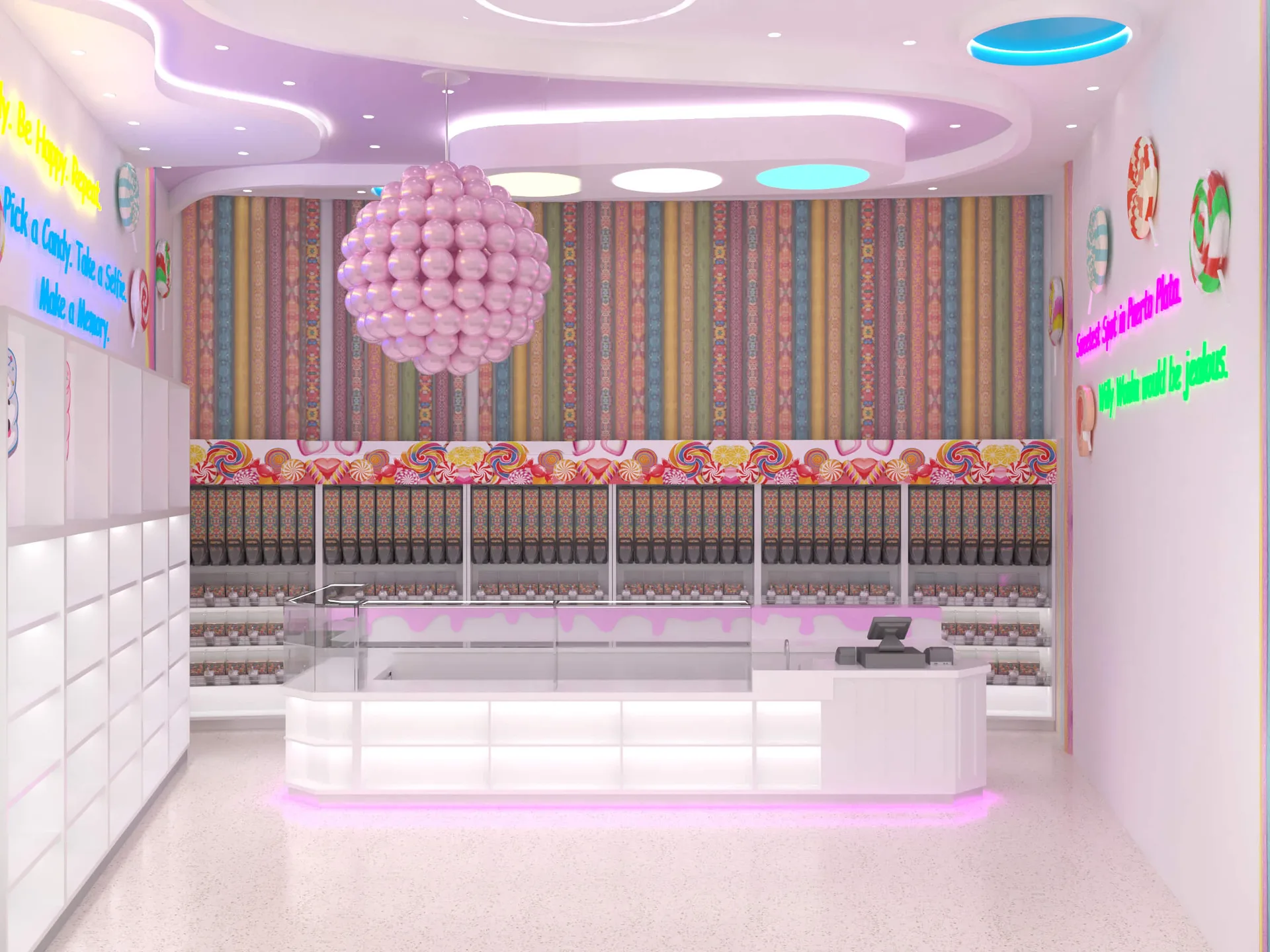 Pink candy store cute unique commercial furniture design with wall cabinet with candy counter for sale