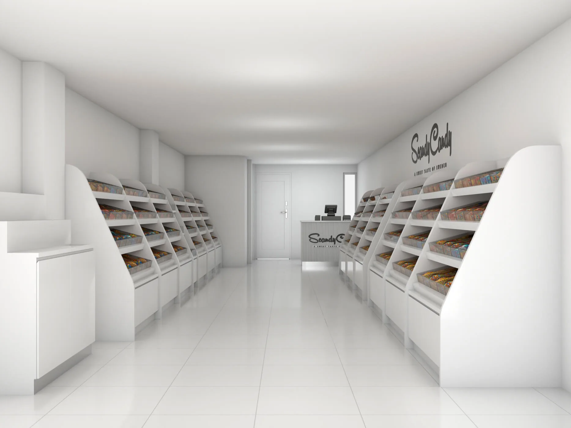 White candy store design idea simple candy display showcase modern sweet snack commercial furniture for sale