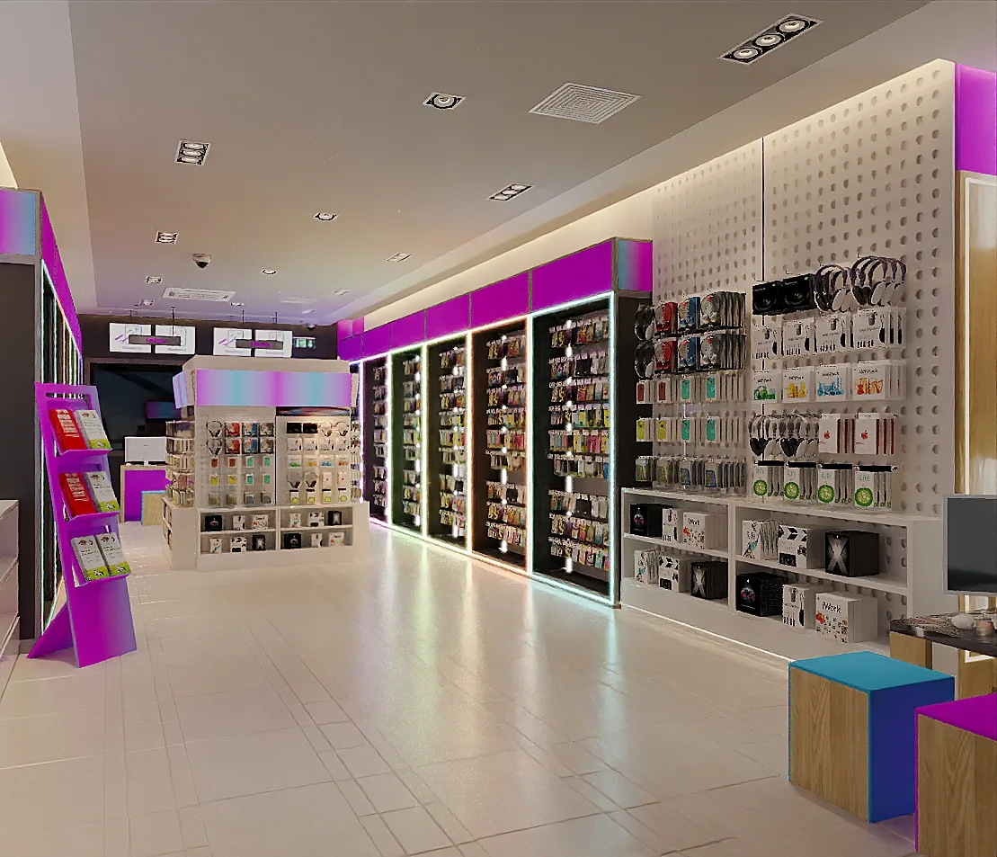 Cool purple mobile phone store interior design unique cell phone accessories kiosk factory price counter