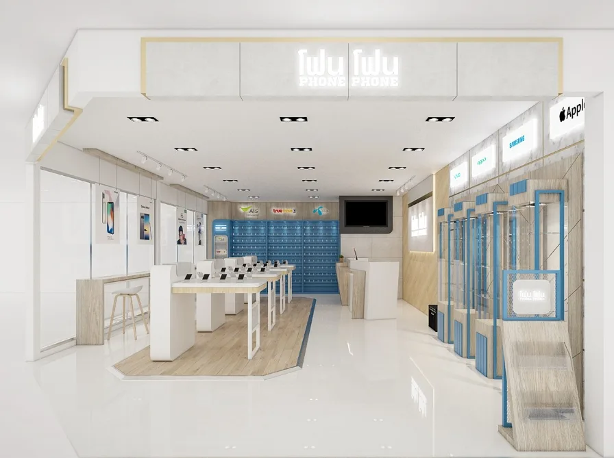 Modern mobile phone store design with wood grain white display cell phone repair counter for sale