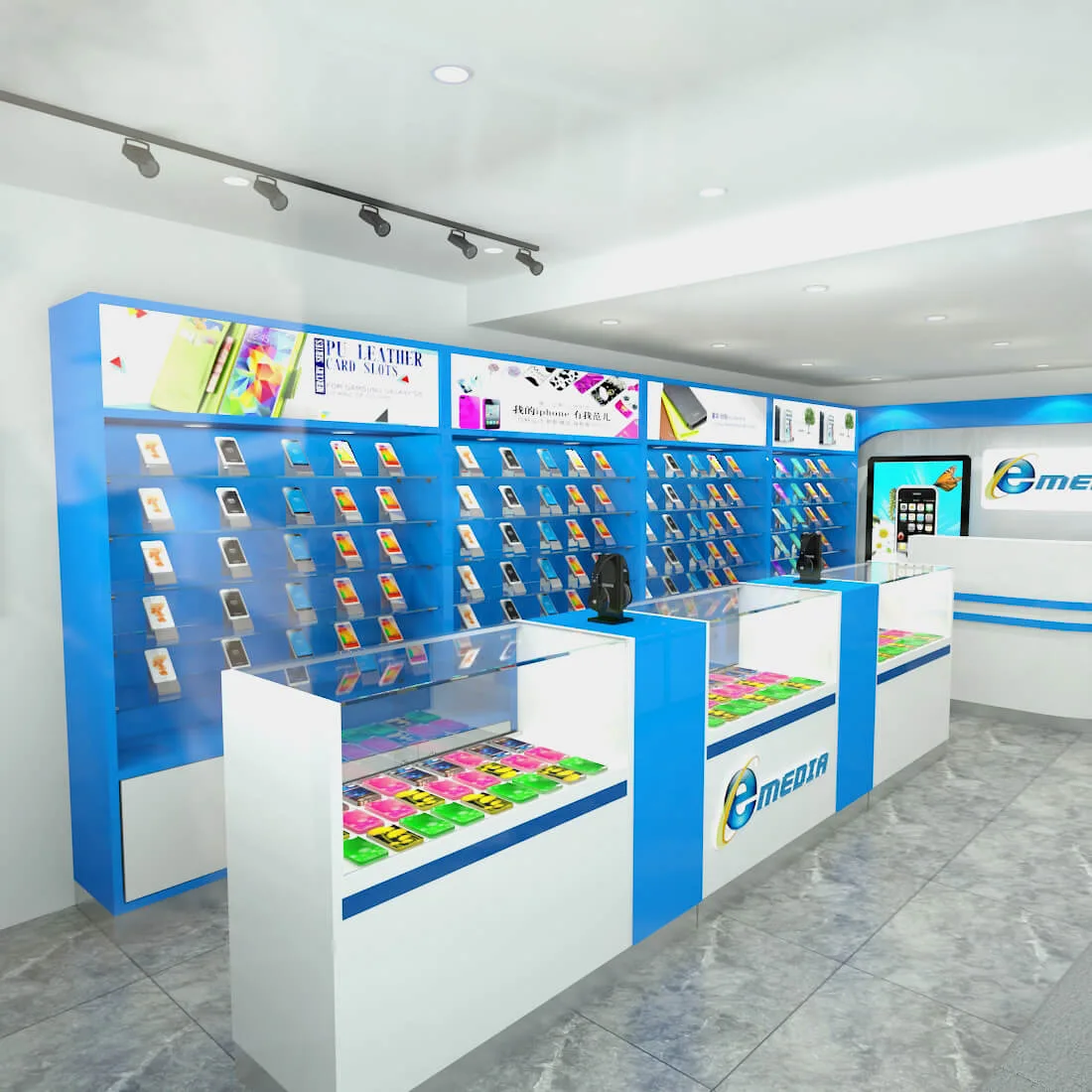 Vitality Blue Mobile Phone Store accessories retail cell phone counter glass showcase wall cabinet design