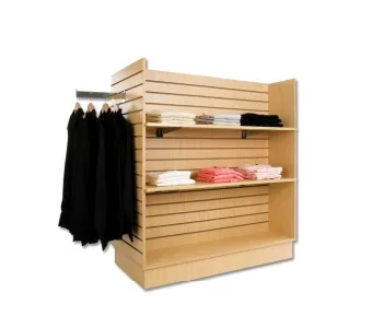Wood-look clothing gondola with shelves and a side garment rail