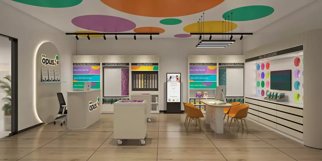 Paint Shop Design, Displays Store Fixtures – Vibrant Opus Paint Shop Interior Design With Functional Display Racks, Shelves &
