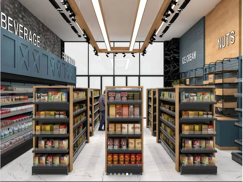 Convenience Store Design, Displays, Shelving Fixtures – Minimalist convenience store design with high-quality shelving and in