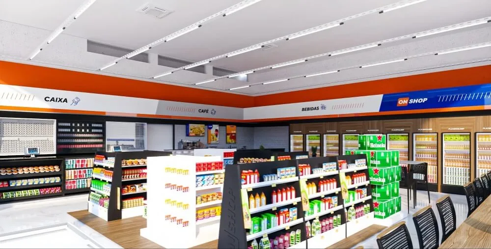 Convenience Store Design, Displays, Shelving Fixtures – Minimalist convenience store design with high-quality shelving and in