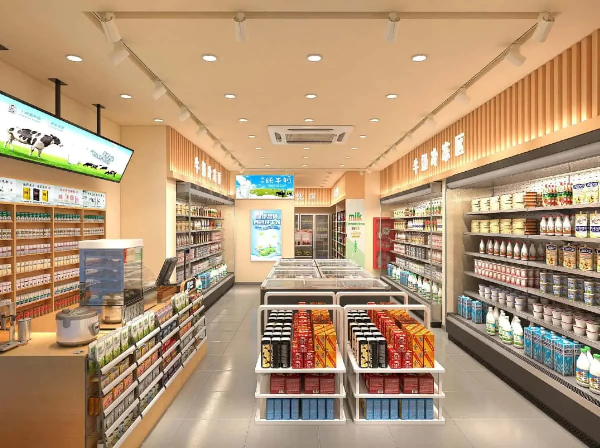 Convenience Store Design, Displays, Shelving Fixtures – Minimalist convenience store design with high-quality shelving and in