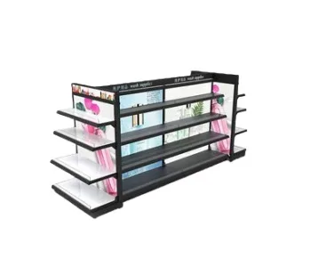 Black-framed cosmetic gondola with glass-look shelves and product signage