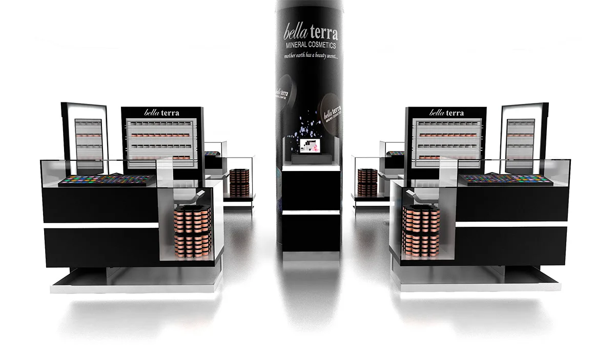 Cosmetic Kiosk Makeup Kiosk For Mall – Black and grey cosmetics store commercial furniture custom Skincare product display st
