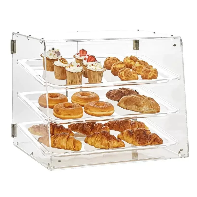 Clear Acrylic 3-Tier Countertop Pastry Showcase with Dustproof Flip Door for Cafe Bakery