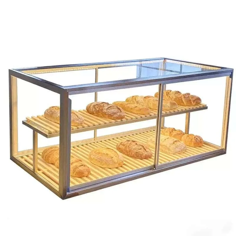 Dual Layer Glass Countertop Bakery Display Cabinet With LED Wood Tray For Cafe Pastry Show