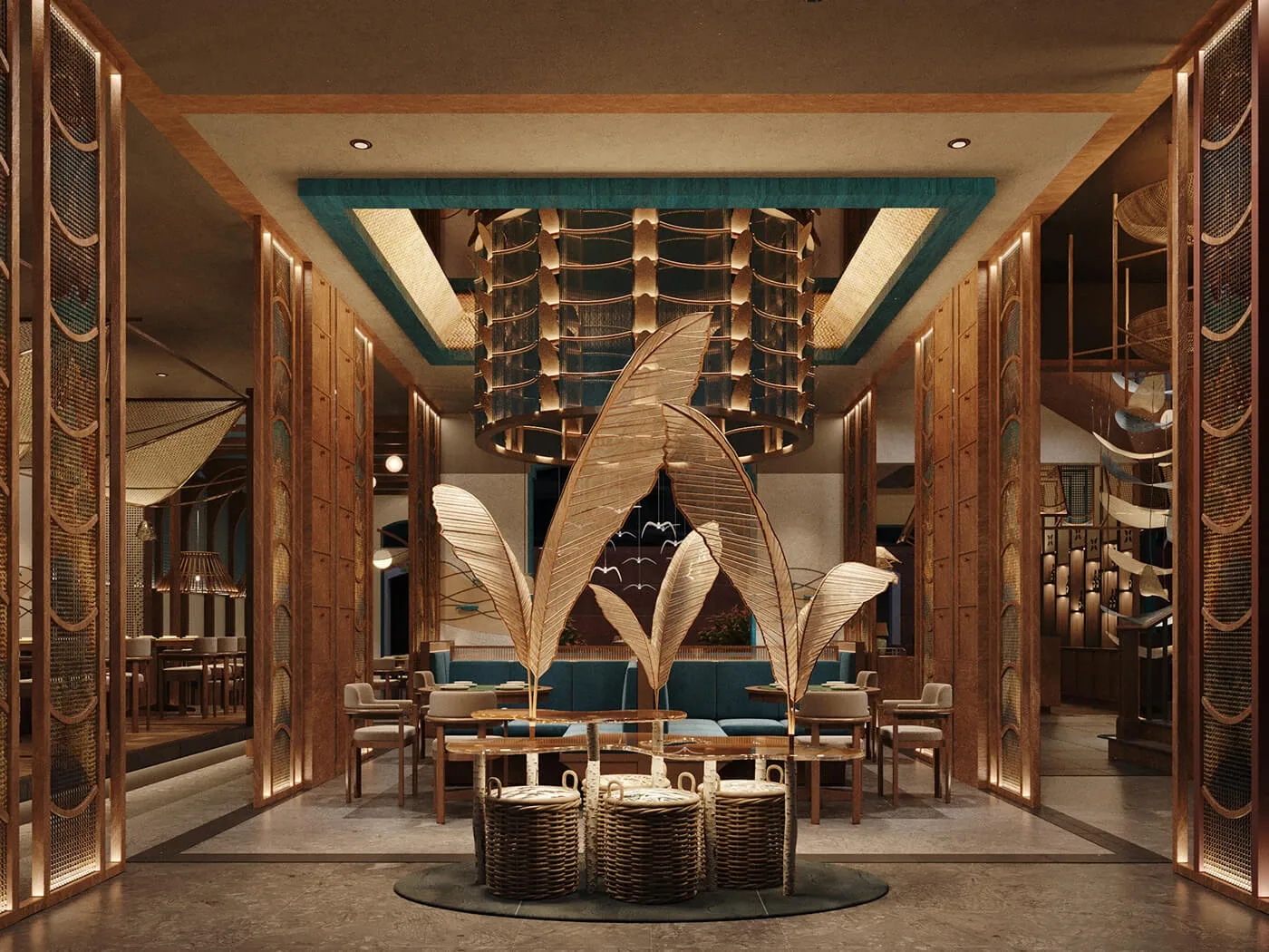 Diner Design, Commercial Furniture Displays | Affordable Price – Warm Natural‑Vintage Space with Greenery & Soft Lighting Din
