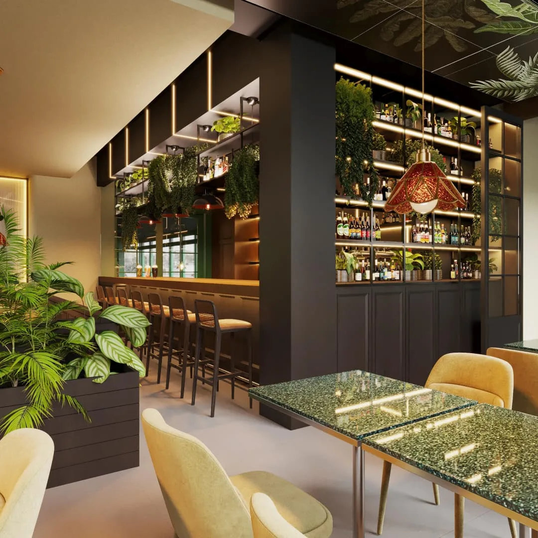 Restaurant Bar Interior Design | Hospitality Designer – Warm Natural‑Vintage Space with Greenery & Soft Lighting Dinner Resta