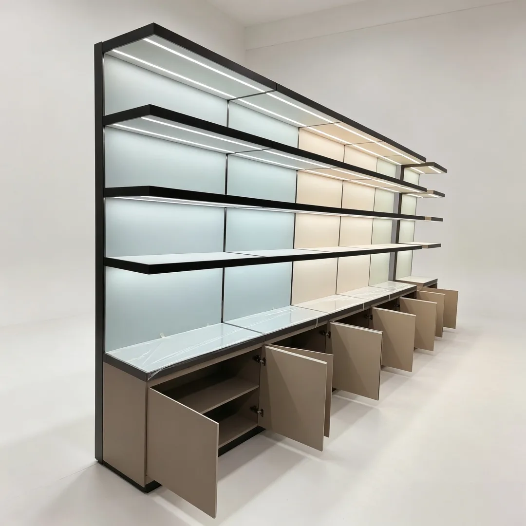 Leather Upholstered LED Wall Jewelry Back Display Cabinet | Custom Retail Showcase