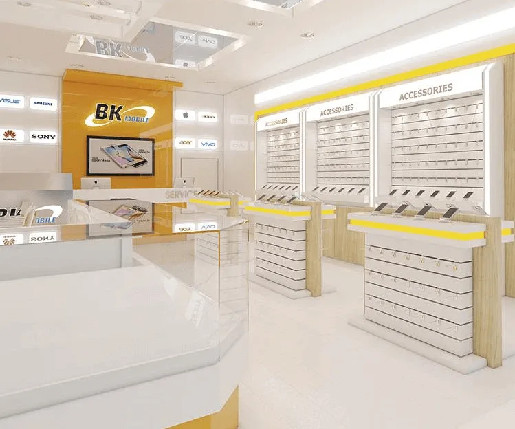 High-tech cellphone shop customized L-shaped display stand & mobile phone island