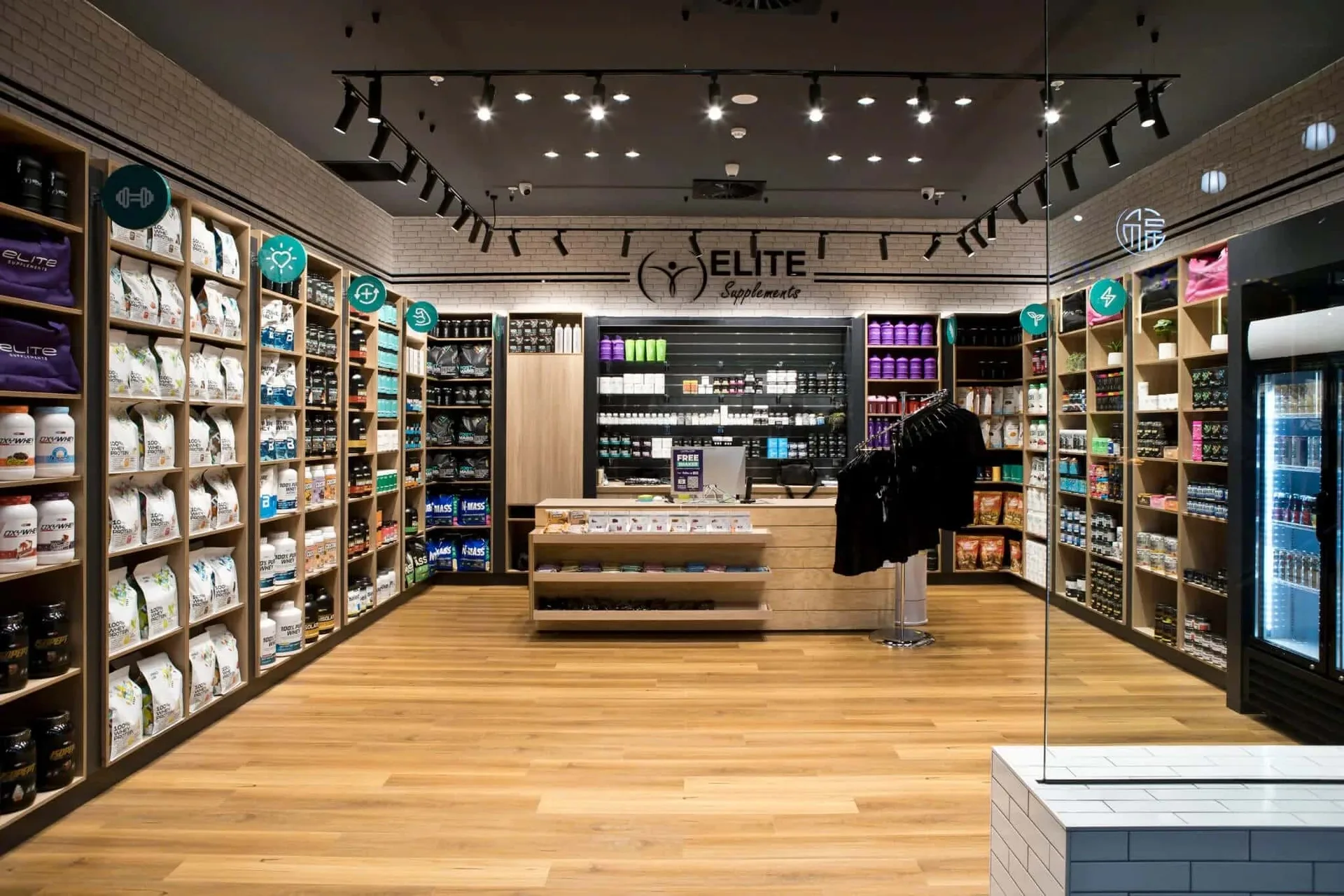 Supplement Shop Design, Displays, Racks Retail Stands – Modern & Functional interior Design of Elite Supplements Shop With Mu