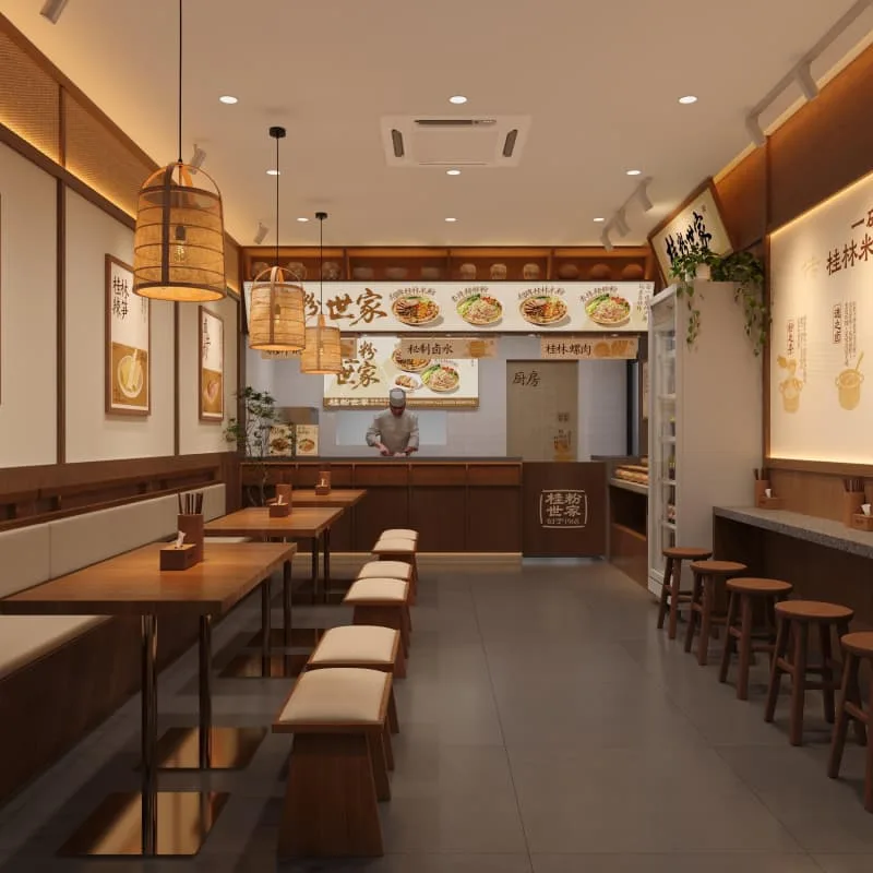 Fast Food Restaurant Counters Serving Counters For Sale – Warm Wooden Custom Fast Food Service Bar Counter with Red Stools fo