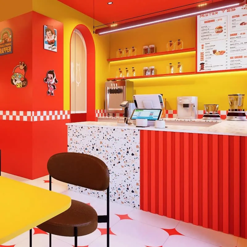 Fast Food Restaurant Counters Serving Counters For Sale – Warm Wooden Custom Fast Food Service Bar Counter with Red Stools fo