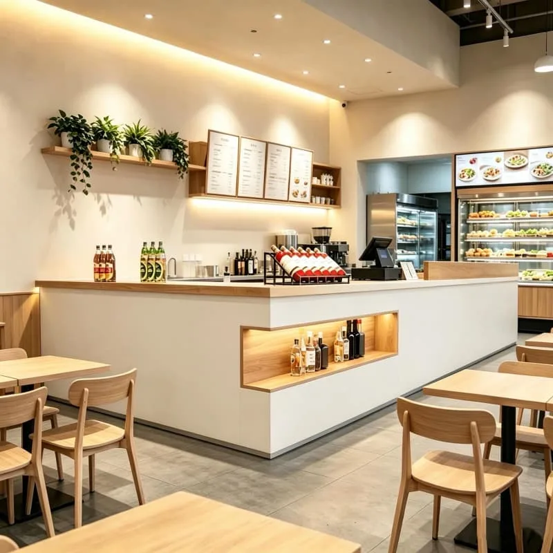 Fast Food Restaurant Counters Serving Counters For Sale – Warm Wooden Custom Fast Food Service Bar Counter with Red Stools fo