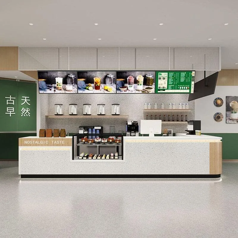 Fast Food Restaurant Counters Serving Counters For Sale – Warm Wooden Custom Fast Food Service Bar Counter with Red Stools fo