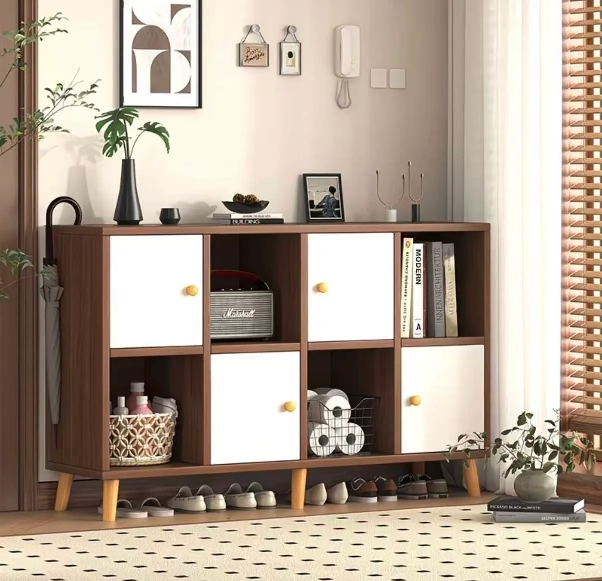 Modern Wooden Grid Storage Cabinet with Doors – Walnut & White Modular Sideboard