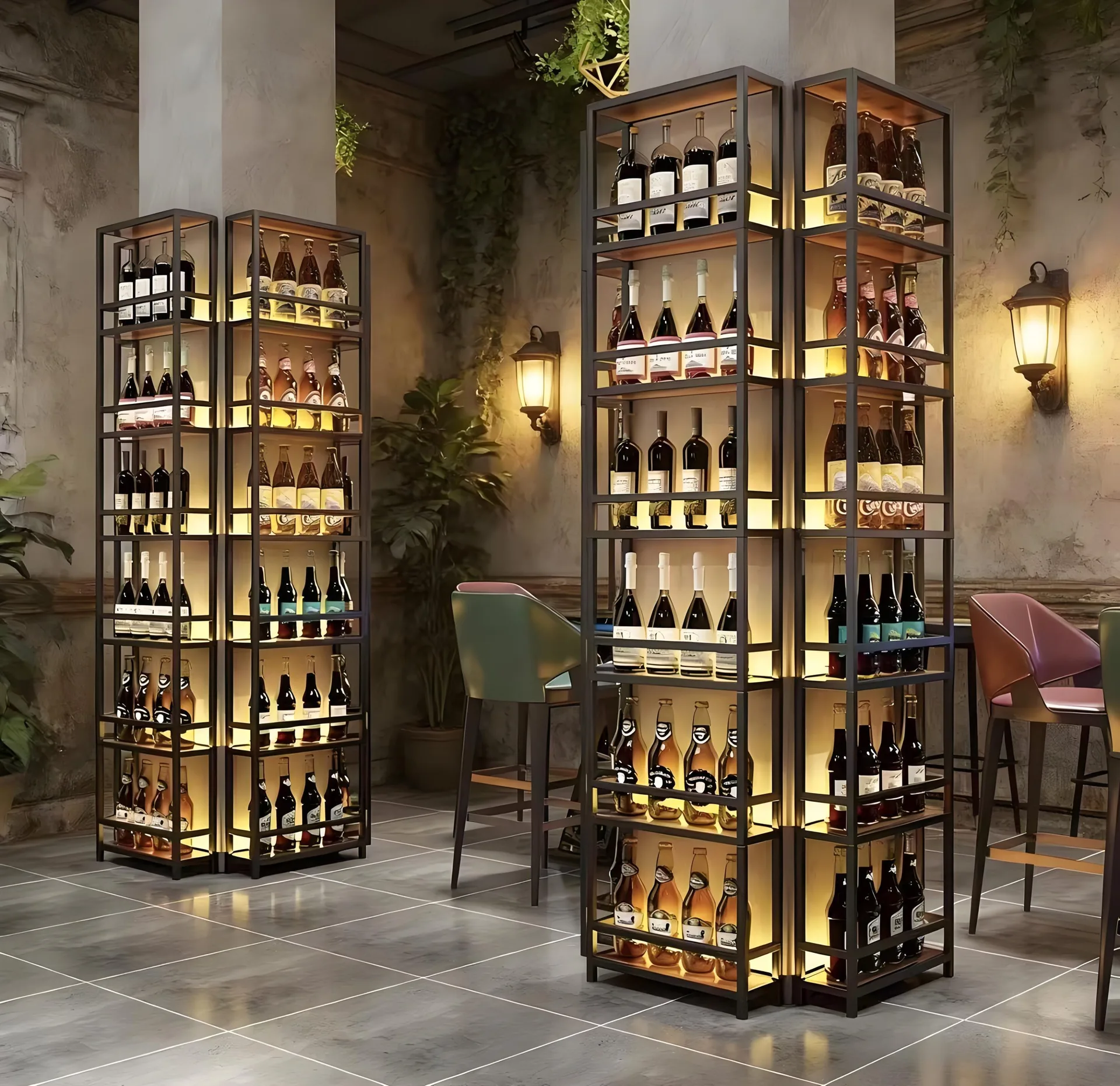 Industrial Wine Cabinet with LED, Metal Wine Display Rack for Bar & Restaurant