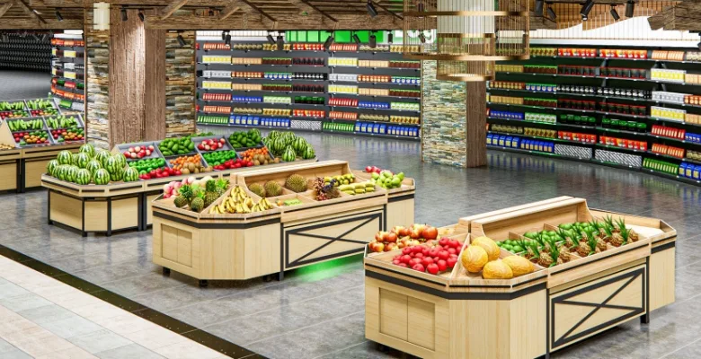 Grocery store reference interior with produce islands and stocked perimeter shelving