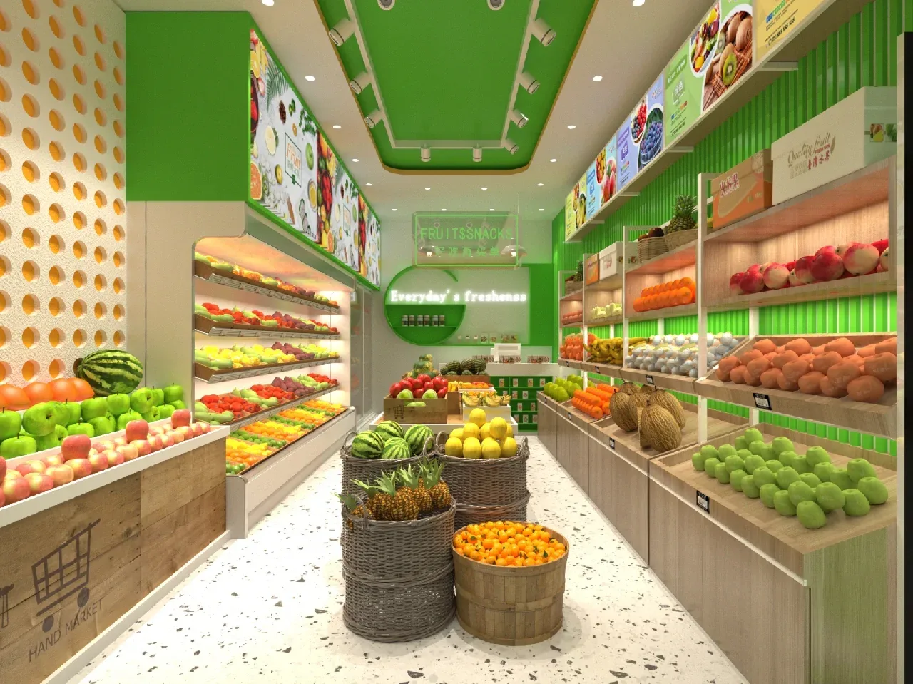 Fruit Vegetable Shop Displays | Custom Shelves, Racks Stands – Healthy Salad and fruit store Juice bar custom Frozen yogurt c