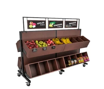 Produce gondola with divided fruit bins, lower compartments and overhead signs