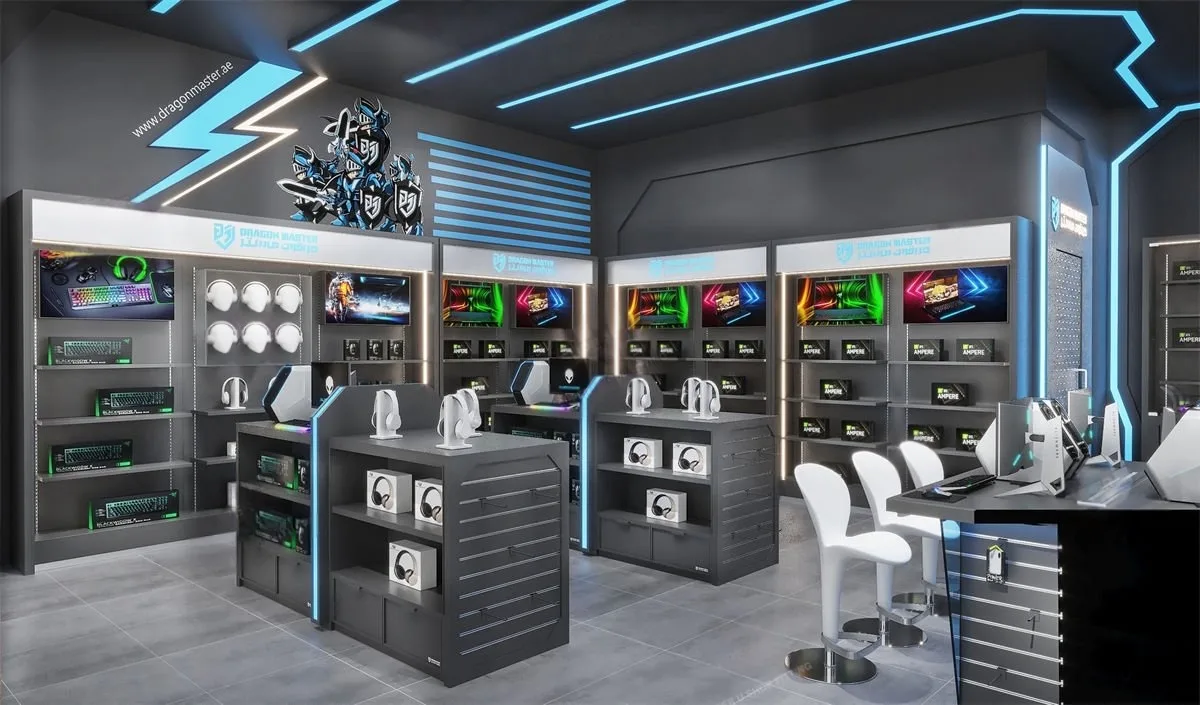 Game Store Design, Displays Retail Shelf Fixtures – Playstation Game Store Design, With Game accessories Display Stands, Rack