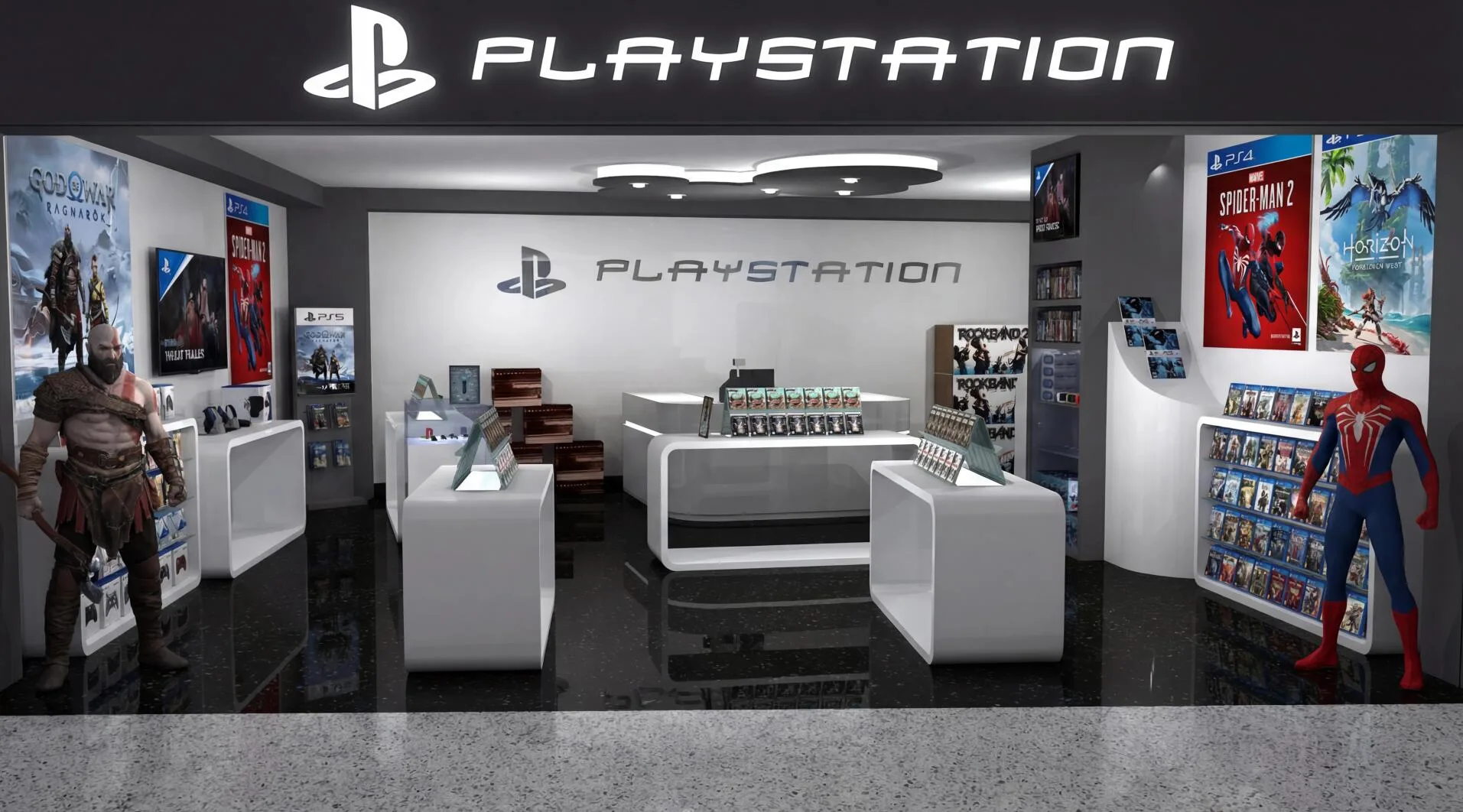 Game Store Design, Displays Retail Shelf Fixtures – Playstation Game Store Design, With Game accessories Display Stands, Rack