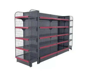 Dark metal grocery gondola shelving with red shelf edges and wire end panels