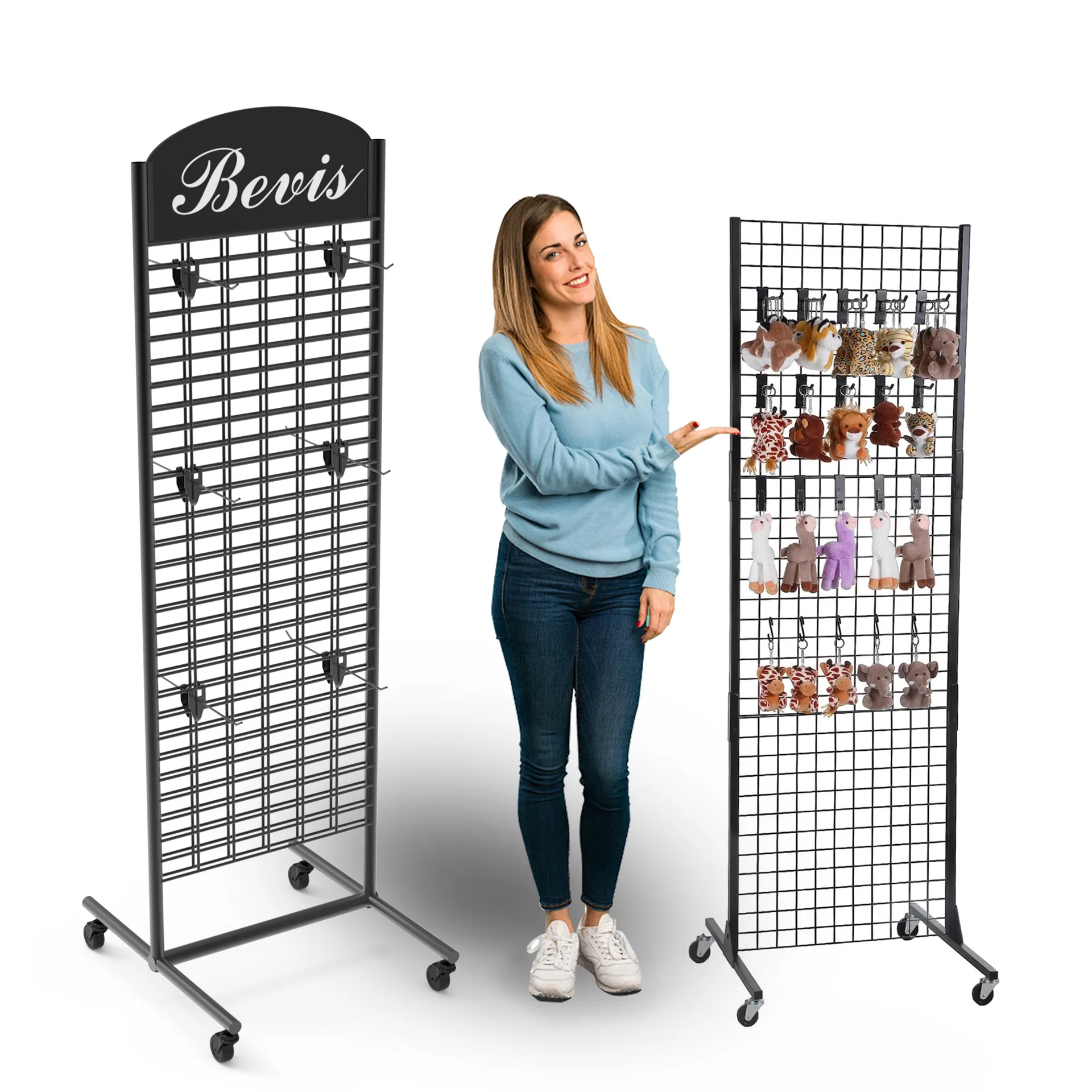 Double-Sided Light Duty Metal Wire Display Rack Gridwall Panels Display Stand With Hanging Hooks For Retail Shops & Supermarkets