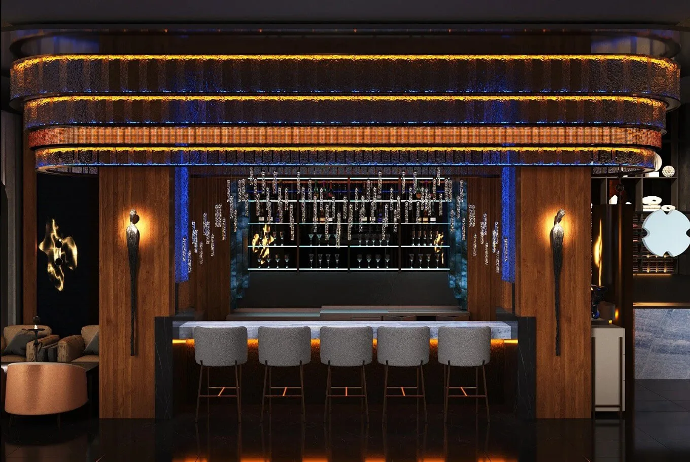 Hookah Lounge Design, Shisha Bar Counters, Displays Furniture – Distinct Curved Bar Design Builds an Atmospheric Hookah Loung