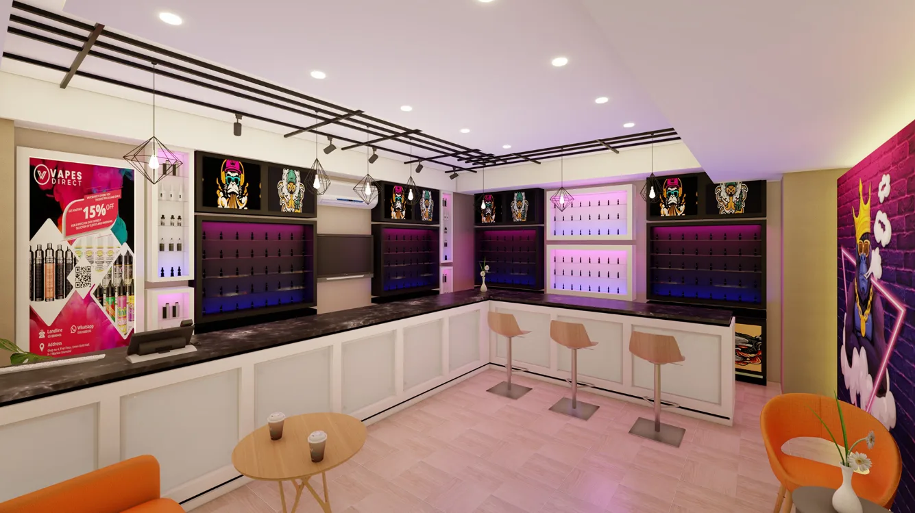 Vape Shop Displays, Interior Design Store Fixtures – Custom smoke shop furniture design with unique vape wall cabinet glass m