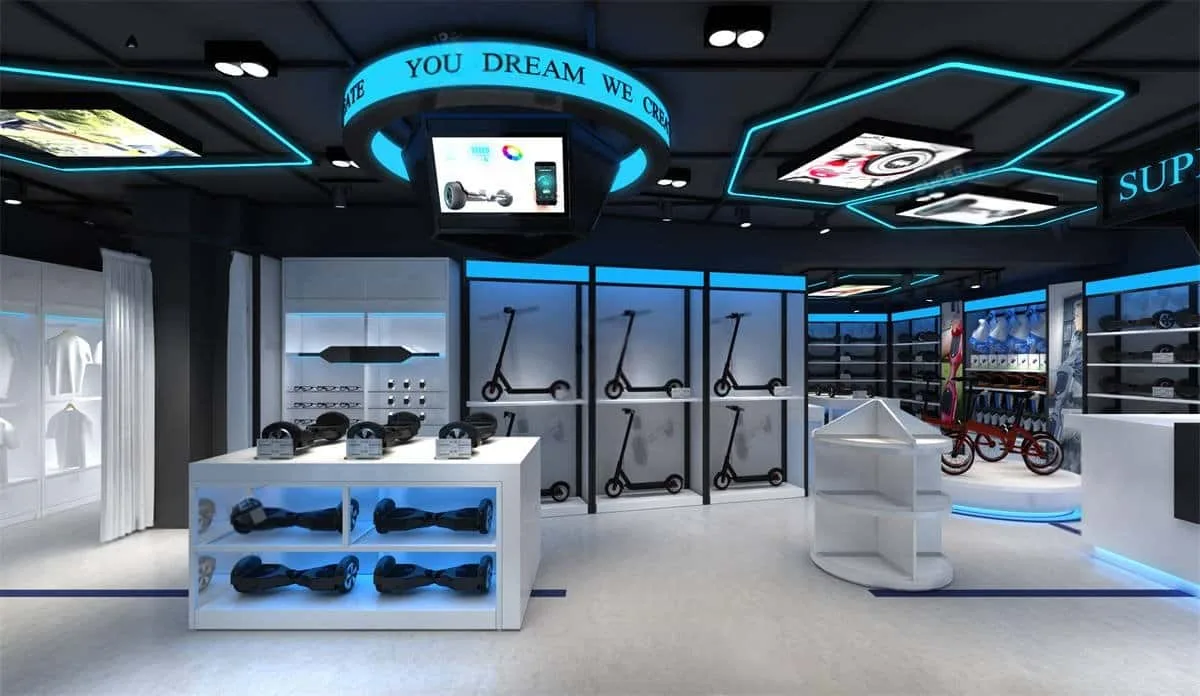 E-Scooter Store Design, Hoverboard Displays Shelving – Tech-Forward Hoverboard & E-Scooter Shop Design With Led Lighted Displ