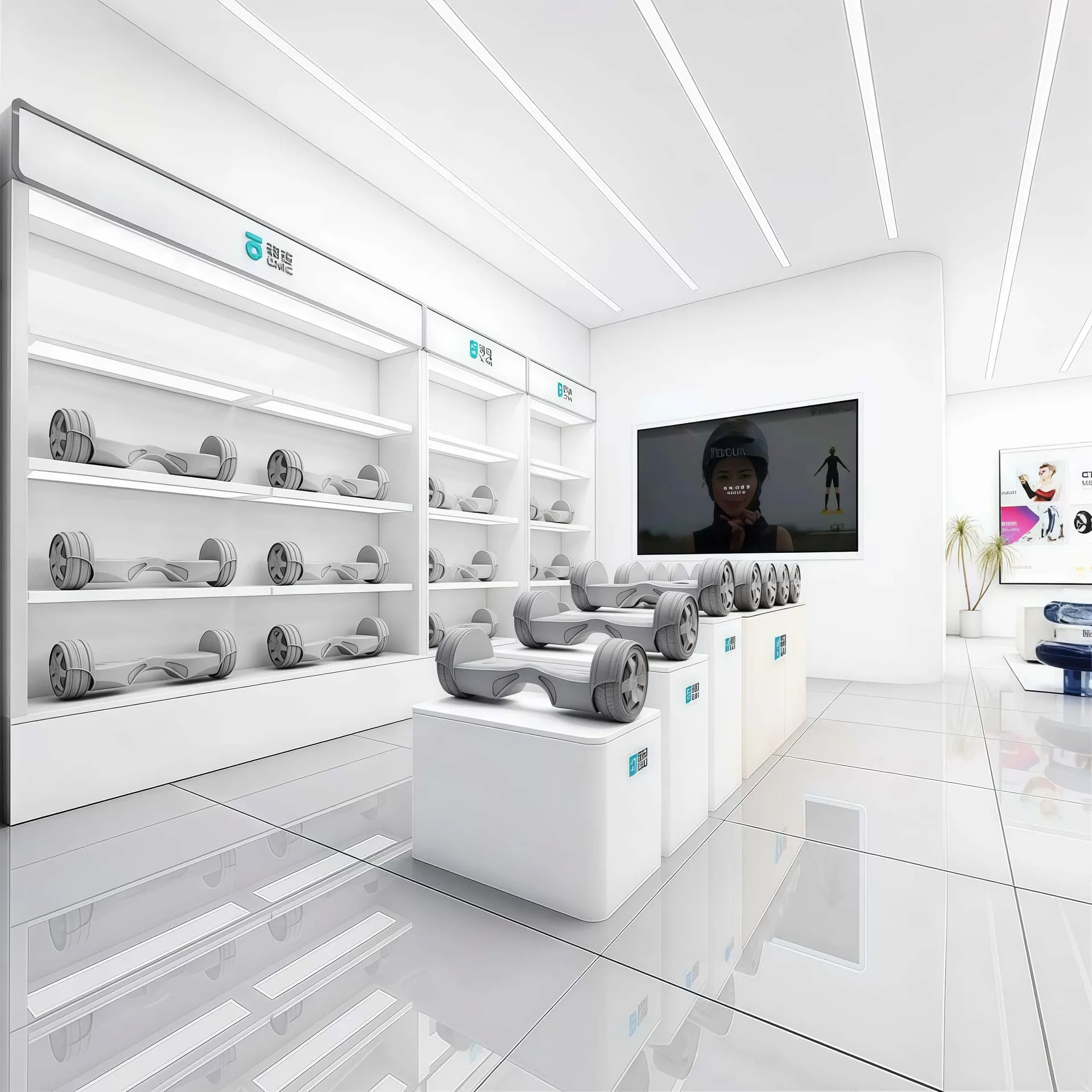 E-Scooter Store Design, Hoverboard Displays Shelving – Tech-Forward Hoverboard & E-Scooter Shop Design With Led Lighted Displ