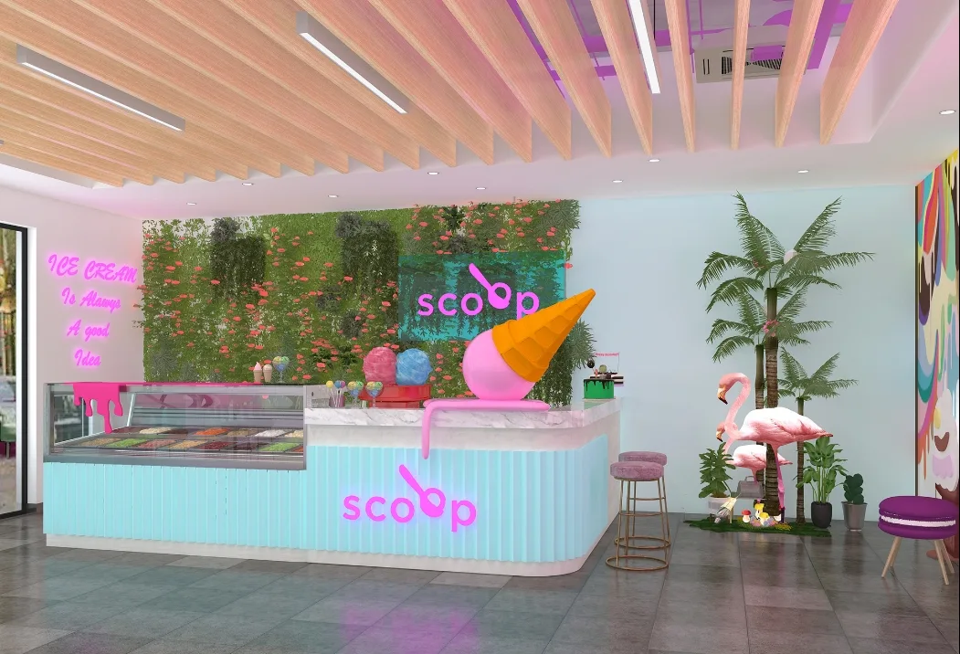 Artistic ice cream shop fixture custom ice cream sculpture color bar with high chairs commercial furniture for sale