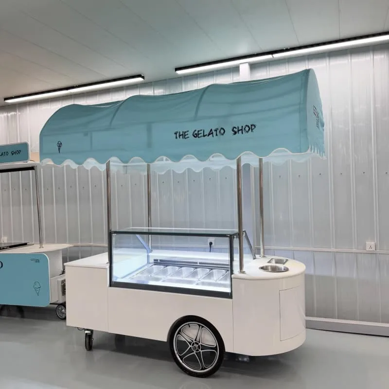 Gelato Mobile Ice Cream Cart With Light Blue Scalloped Canopy For Party Events — view 2