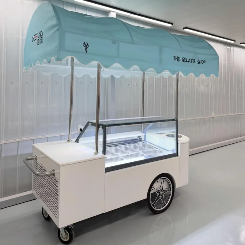 Gelato Mobile Ice Cream Cart With Light Blue Scalloped Canopy For Party Events