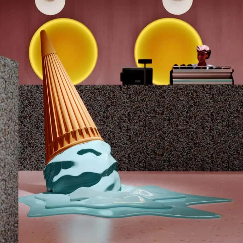 Curved Pink Modern Gelato Counter with Playful Giant Ice Cream Decor Shop Interior