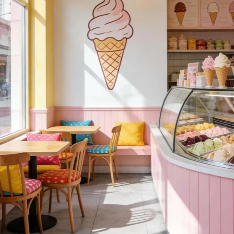 Dreamy Pastel Custom Ice Cream Shop Counter Retro Modern Gelato Layout Interior