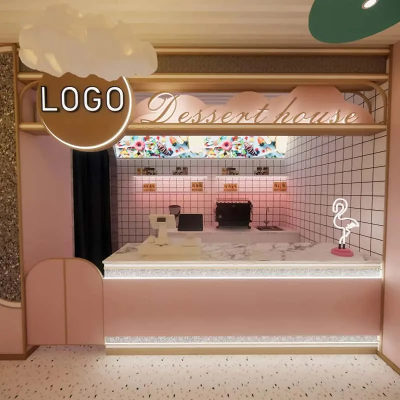 Dreamy Pink Custom Ice Cream Shop Counter with Cloud Retro Decor Layout