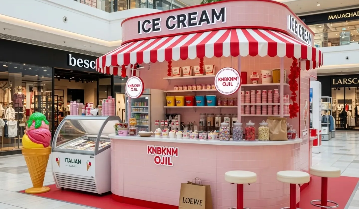 Pink & Red Retro Ice Cream Kiosk — Commercial Mall Dessert Stand