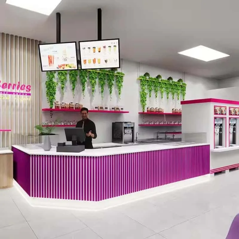 Juice Smoothie Bar Counter For Sale | Beverage Bar – Bright Pink Purple L-Shape Mall Juice Bar Counter with Hanging Green Pla