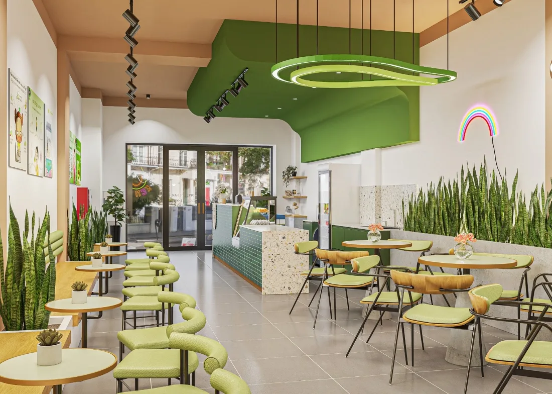 Juice Bar Smoothie Shop Displays | Counters, Furniture Shelves – Vibrant Wood‑Toned Store Design for Fresh‑Pressed Mash Juice