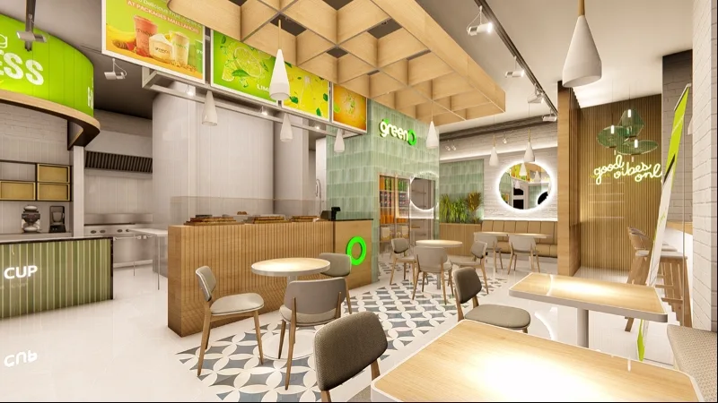 Green and Wood Juice store design fast food retail display furniture custom beverage bar counter